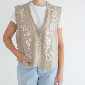 Vintage Jantzen Beige Floral Embroidered Scallop Edge Knit Button Vest XL